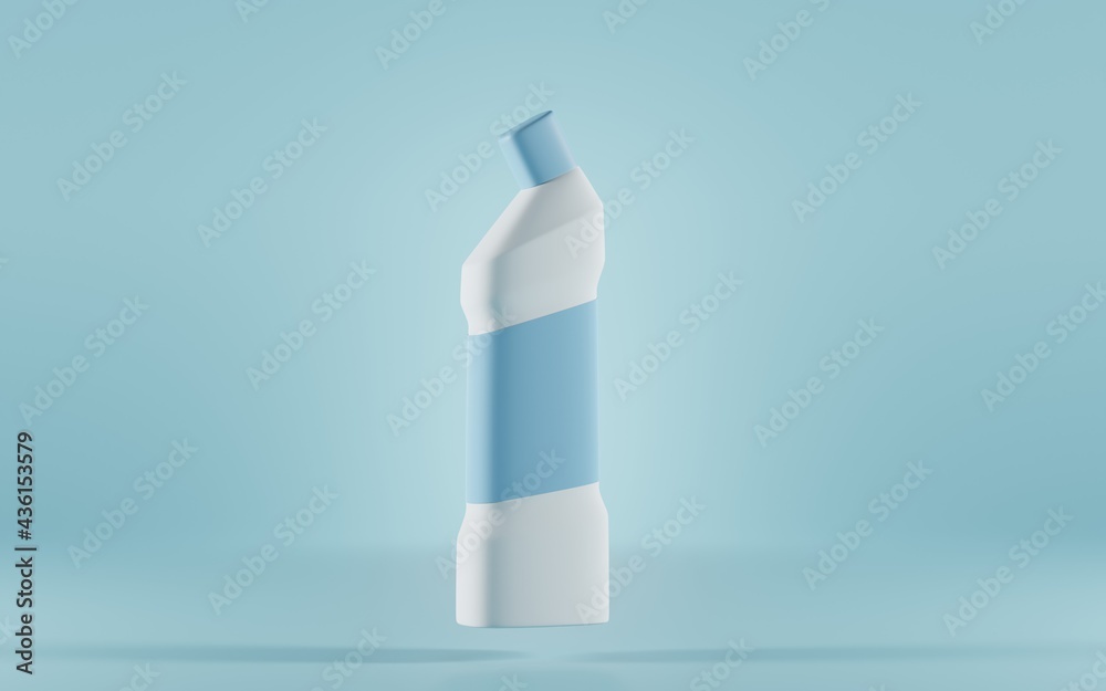 Toilet cleaner on isolated blue background. White bottle with empty label for branding, detergent product for bathroom cleaning or bleach. Container disinfectant gel 3d illustration mock up package Toilet cleaner on isolated blue background. White bottle with empty label for branding, detergent product for bathroom cleaning or bleach. Container disinfectant gel 3d illustration mock up package