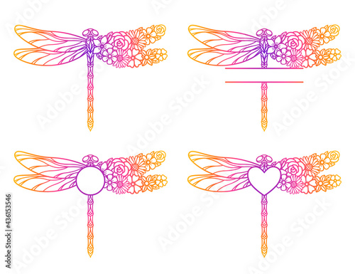 Flower dragonfly monogram. Decorative insect silhouette. Template for laser and paper cutting, printing on a T-shirt, mug. Flat style. Hand drawn decorative element for your design. Isolated on white.