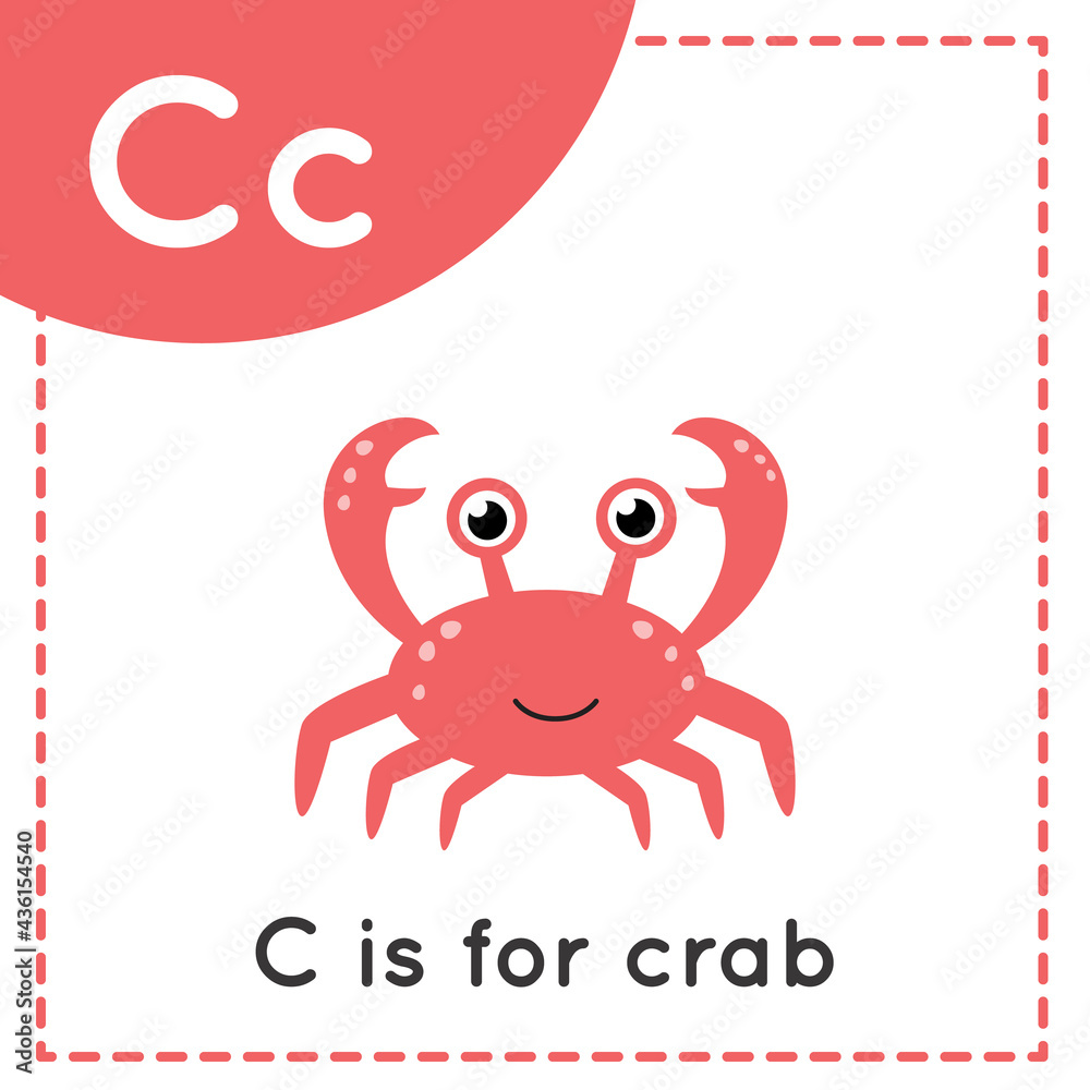 Fototapeta premium Learning English alphabet for kids. Letter C. Cute cartoon crab.