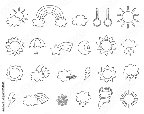 Set of cute black and white weather icons. Coloring page for kids.