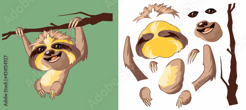 Cute joyful Sloth hanging on a branch. Cartoon character. Classic handmate vector illustration. Isolated. Sloth for animation