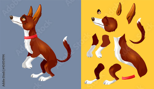 Brown white dog dog lies on its side and rests. Cartoon character. Classic handmate vector illustration. Isolated. Dog for animation