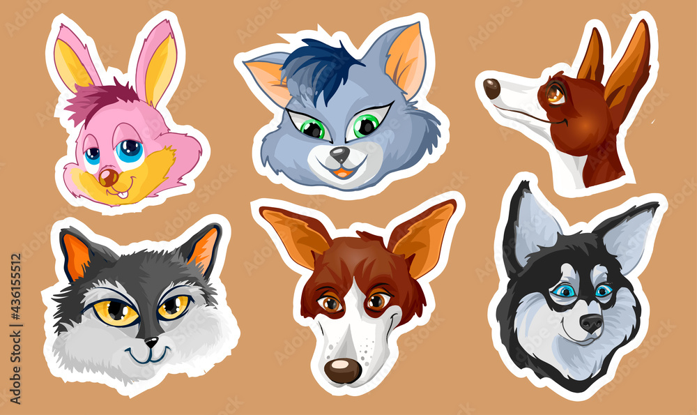 Fototapeta premium Cute Cartoon Cats Muzzle Vector Set. Rabbit, Dogs, Cats. Animal Heads Collection