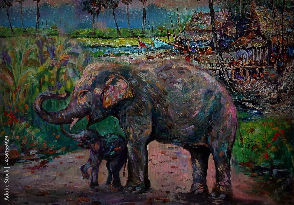 Fototapeta premium hand painted original impressionism art painting oil color elephant family thailand nature