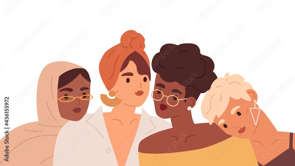 Portrait of multiracial women friends. Diverse girlfriends together. Woman of different races and skin colors. International friendship concept. Flat vector illustration isolated on white background Portrait of multiracial women friends. Diverse girlfriends together. Woman of different races and skin colors. International friendship concept. Flat vector illustration isolated on white background
