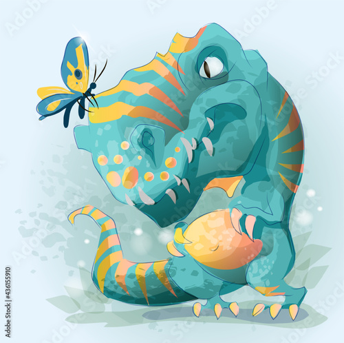 Fototapeta Naklejka Na Ścianę i Meble -  Cute Baby Dinosaur Playin with butterfly. Tyrannosaur. Cartoon character vector illustration. Can be used for print design greeting card used for print design, banner, poster, flyer template