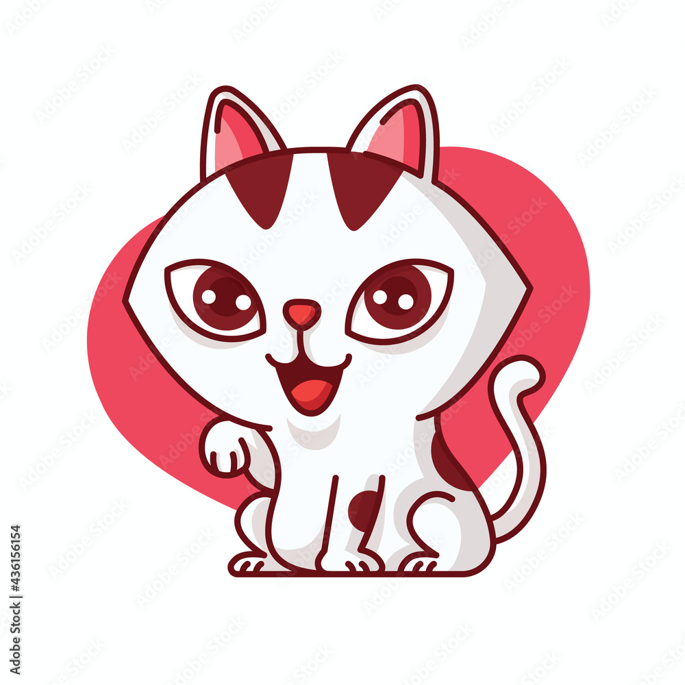 Cartoon cute adorable white female cat paw up with smile on love shape background vector mascot