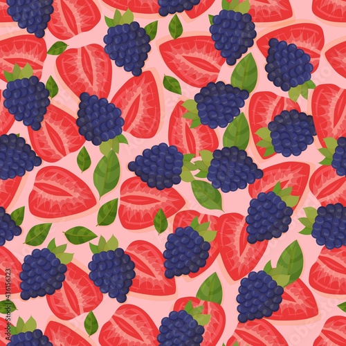 Pattern of ripe strawberries and blackberries. Berry in section. Berry background. A simple element of decor. Vector illustration.