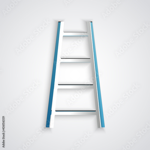 Paper cut Stair with finish flag icon isolated on grey background. Career growth business concept. Concept of business development. Paper art style. Vector