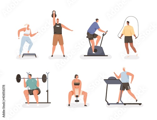 Photo Set of people during cardio exercises and power workouts with gym equipment