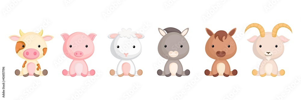 Collection of sitting little animals in cartoon style. Cute farm animals characters for kids cards, baby shower, birthday invitation, house interior. Bright colored childish vector illustration.