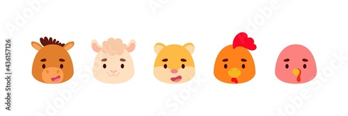 Cute little farm animals heads set. Collection funny animals characters for kids cards, baby shower, birthday invitation, house interior. Bright colored childish vector illustration.