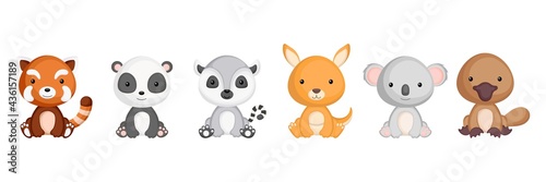 Collection of sitting little animals in cartoon style. Cute animals characters for kids cards, baby shower, birthday invitation, house interior. Bright colored childish vector illustration.