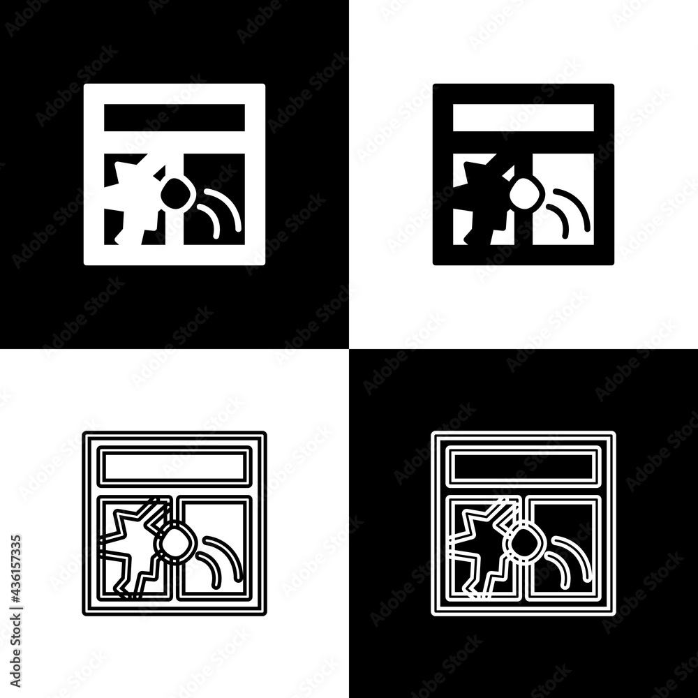 Fototapeta premium Set Broken window icon isolated on black and white background. Damaged window. Beaten windowpane concept. Vandalism. Vector