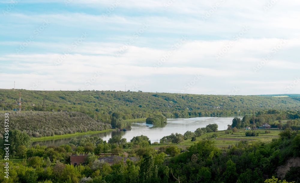 spring landscape of the Dniester river on the border of Ukraine with Moldova