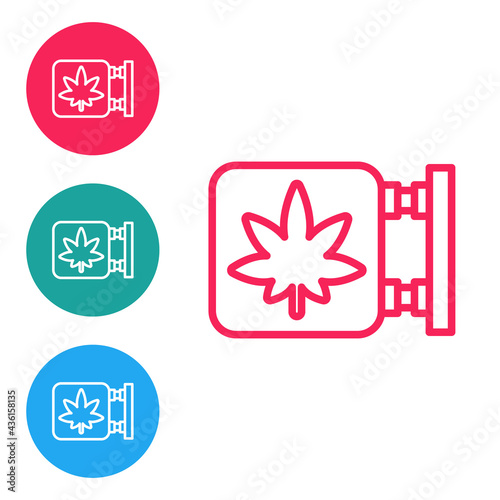 Red line Marijuana and cannabis store icon isolated on white background. Equipment and accessories for smoking, storing medical cannabis. Set icons in circle buttons. Vector Illustration