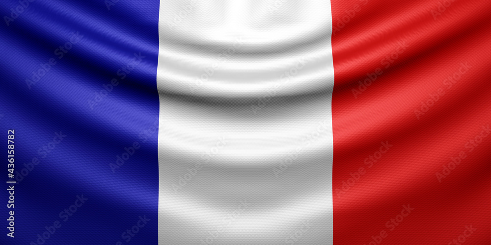 Hanging wavy national flag of France with texture. 3d render.