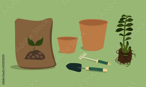 Vector Hand Drawn Garden Tools Set. Web Banner Transplanting a plant to a new location. Gardening Elements Plant with roots, flower pot, shovel, rake, ground