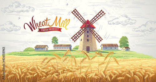 Landscape with mill and with rural buildings and with ears of wheat in the foreground.