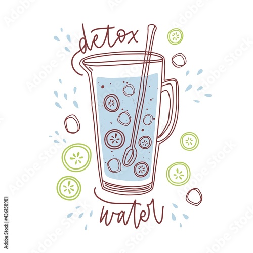 Detox cucumber water in glass jug with spoon. Refreshing cold summer drink with vegetable and ice. Organic lemonade. Colored flat vector illustration of veggie cocktail isolated on white background