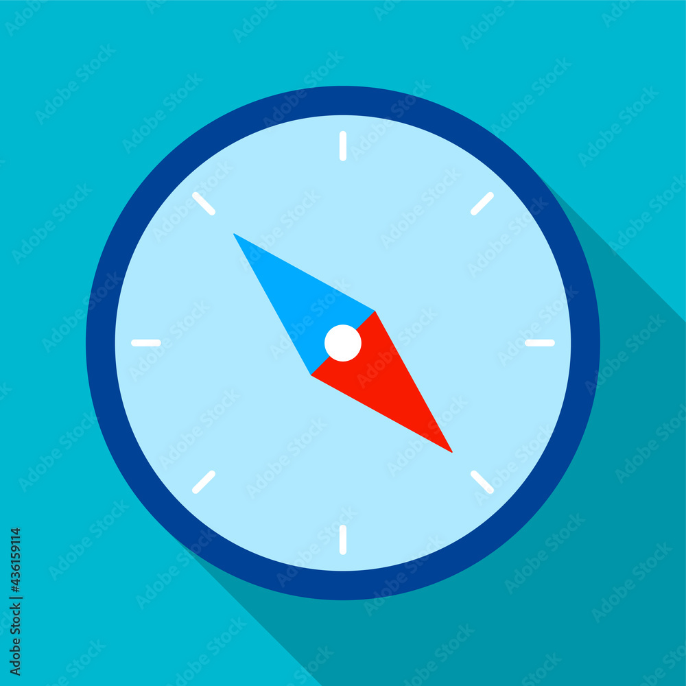 compass icon with arrow in flat style. Travel, device for determining location and direction of tourist. Color vector compass icon with arrow in flat style. Travel, device for determining location and direction of tourist. Color vector