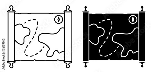 old map icon. Papyrus paper rolled up. Medieval letters and pirate treasure maps. Simple black and white vector