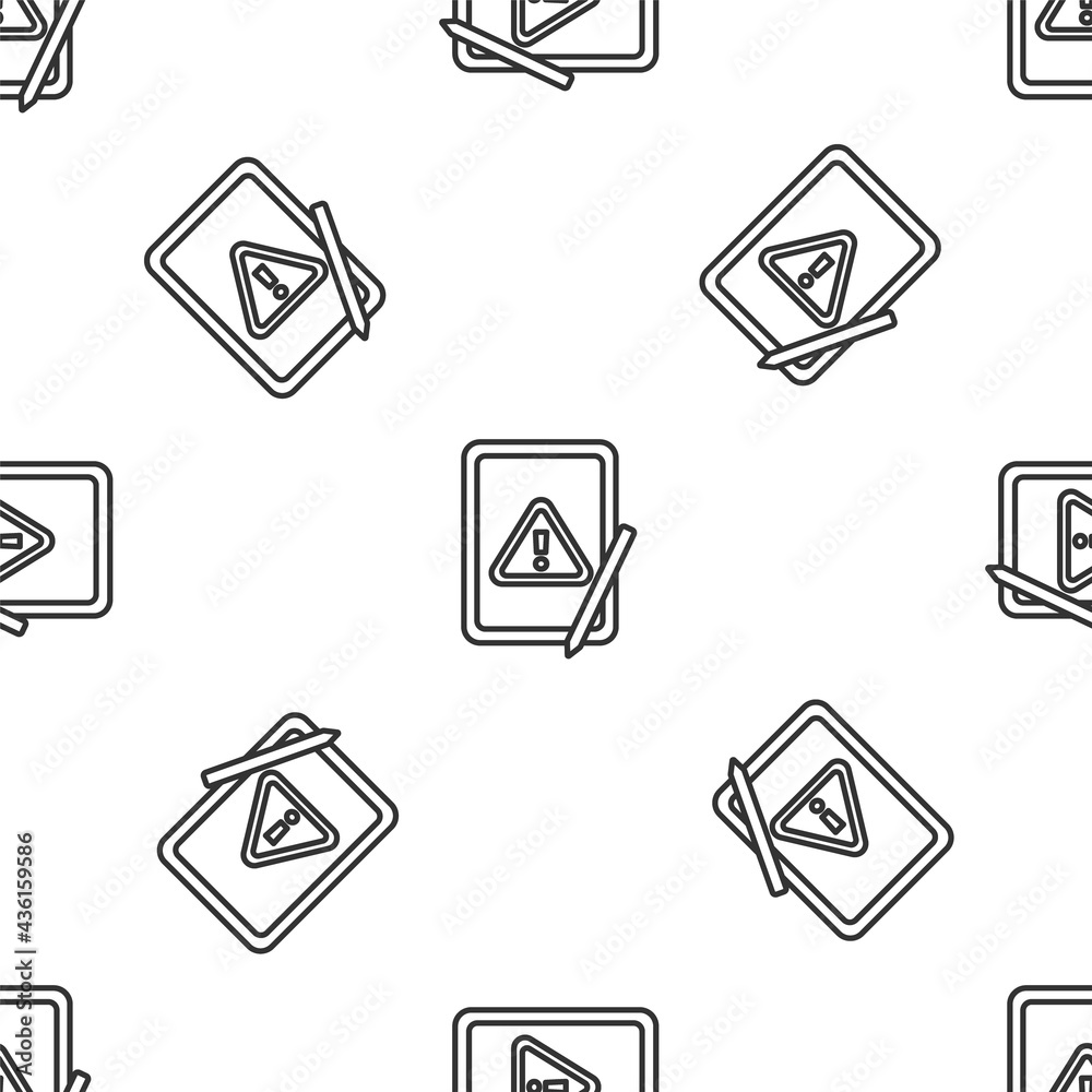 Grey line Graphic tablet with exclamation mark icon isolated seamless pattern on white background. Alert message smartphone notification. Vector Grey line Graphic tablet with exclamation mark icon isolated seamless pattern on white background. Alert message smartphone notification. Vector