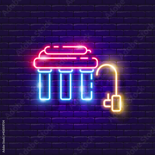 Water filter neon sign. Reverse osmosis filter glowing icon. Vector illustration for design. Health concept.