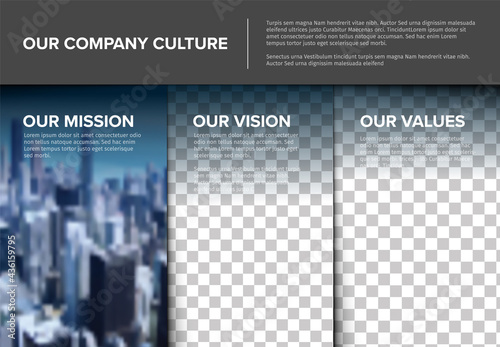 Company profile statement - mission, vision, values with photos