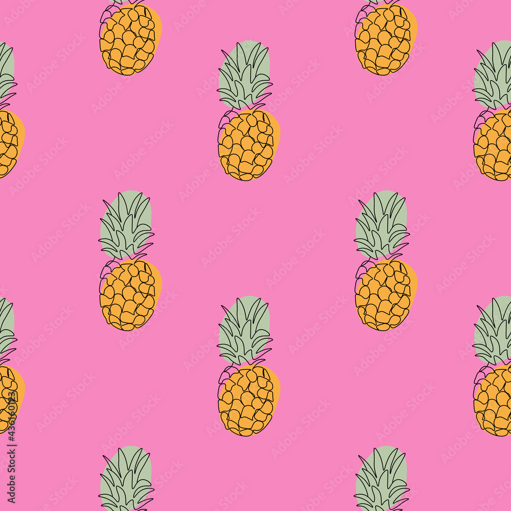 Seamless pattern with pineapple on pink background. Continuous one line drawing pineapple. Black line art on pink background with colorful spots. Vegan concept Seamless pattern with pineapple on pink background. Continuous one line drawing pineapple. Black line art on pink background with colorful spots. Vegan concept