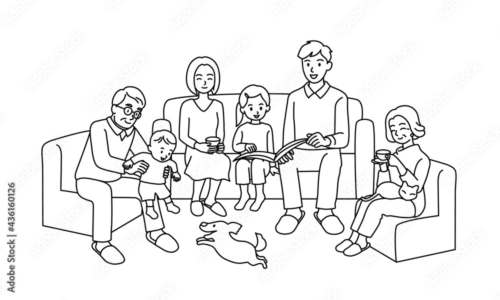 ソファに座る三世代家族