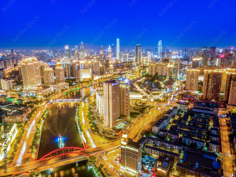 Obraz premium Aerial photography of skyline night scene of Tianjin urban architectural landscape