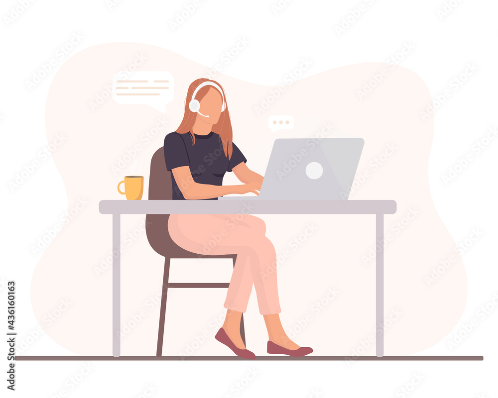 Woman is working  at the desktop with a laptop and headphones with microphone. Concept illustration for support, assistance, call center. Vector illustration in cartoon style