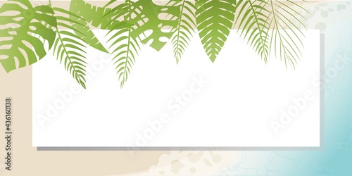 Tropical Summer concept background. Tropical leave and Beach waves decoration illustration for banner  event  card  promotion background and design. Vector illustration.