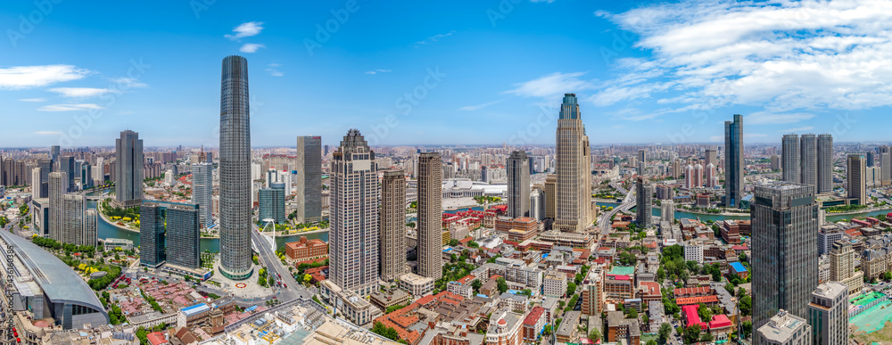 Aerial photograph of skyline of architectural landscape of Tianjin Financial Center