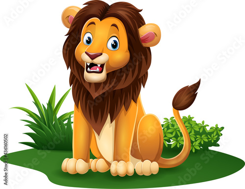 Cartoon funny lion sitting in grass photo