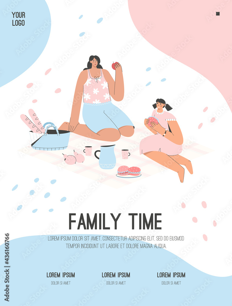 Vector poster of Family Time concept. Mother and daughter at picnic