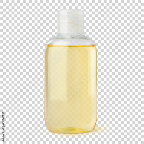 Oil skin care and body care bottle 3d realistic vector illustration mockup, isolated. Plastic container with makeup remover, massage oil, cosmetic product, natural argan oil