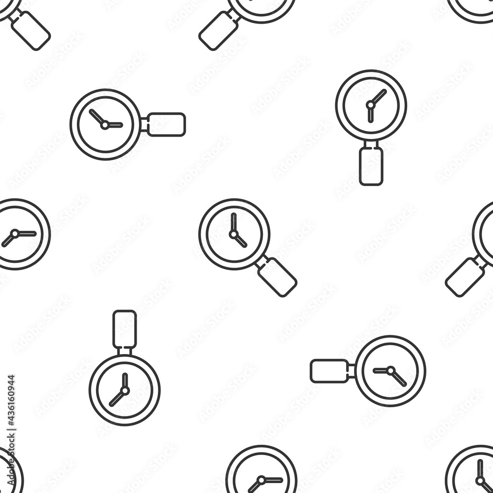 Grey line Magnifying glass with clock icon isolated seamless pattern on white background. Vector Grey line Magnifying glass with clock icon isolated seamless pattern on white background. Vector