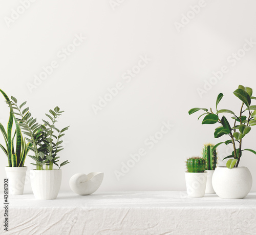 Blank wall mock up in home interior background with decor on table, 3d render