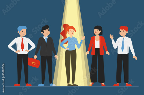 Light shining on the right candidate for a job, recruitment concept. Select worker for your team. Crowd of people standing.