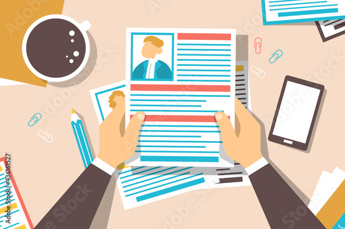 Recruitment banner. CV on the desk, searching for a perfect candidate. We are hiring concept illustration. Top view on the office desk of HR manager. Hands holding resume.