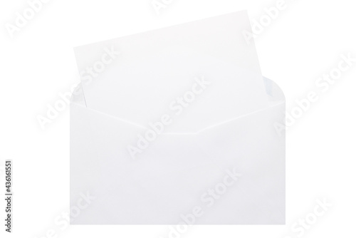White letter paper and White open envelope isolated on white background.