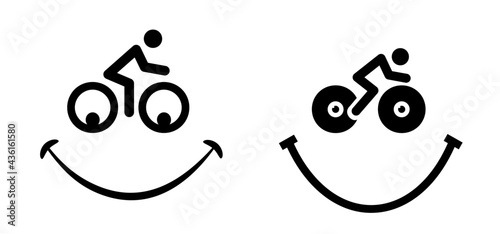 Caotoon silhouette, happy smile face with eyes. World Bicycle day, health day race tour Sport icon Cyclist, cycling Flat vector bike pictogram. 