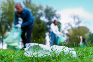 Hand of man picking up bottle into garbage bags while cleaning area in park. Volunteering, charity, people, ecology concept. Closeup volunteer collecting plastic trash in forest. World clean up m day