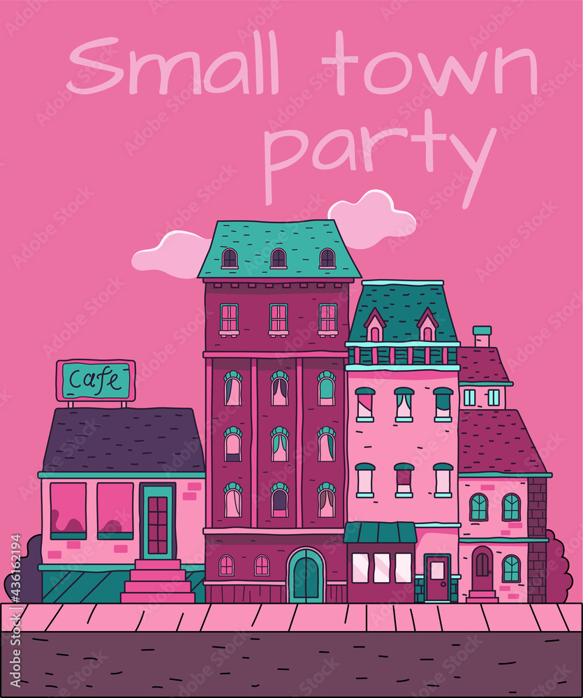 vector illustration of small town of bright colours with bold rough lines, green and purple colour scheme, party colour scheme