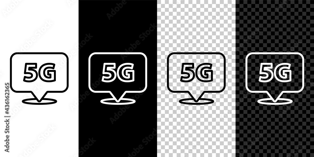 Set line Location 5G new wireless internet wifi connection icon isolated on black and white background. Global network high speed connection data rate technology. Vector