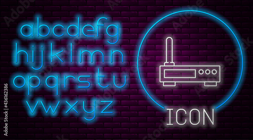 Glowing neon line Router and wi-fi signal icon isolated on brick wall background. Wireless ethernet modem router. Computer technology internet. Neon light alphabet. Vector
