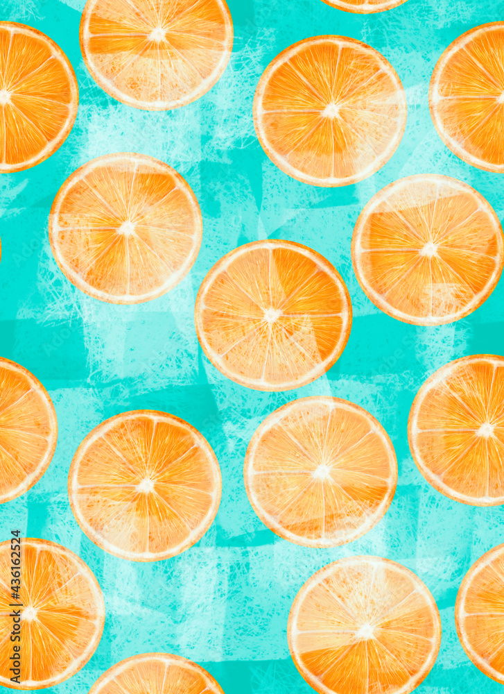 Obraz premium Vertical pattern citrus slice orange, on blue background, stock illustration for design and decor, print, template, banner