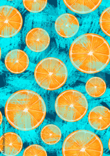 Vertical pattern citrus slice orange, on blue background, stock illustration for design and decor, print, template, banner